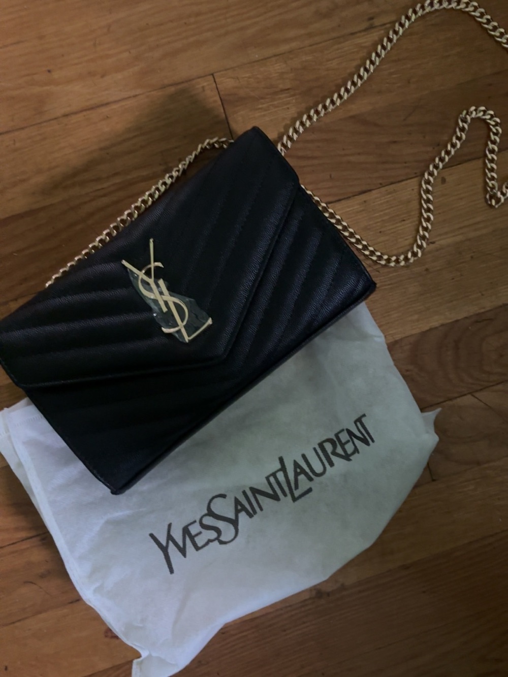 Yves Saint Laurent Black Quilted Leather Crossbody with Gold Chain